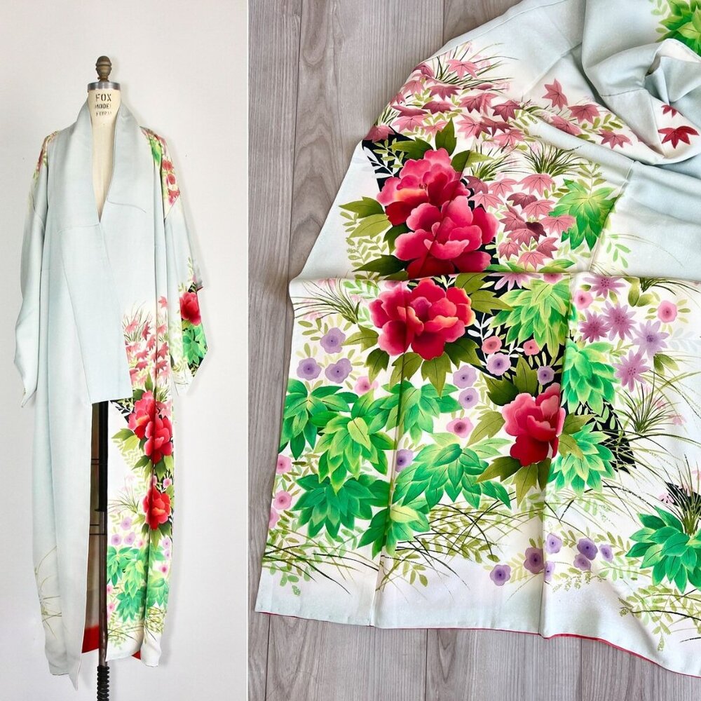 Japanese kimono | 1950s silk kimono | floral dressing gown | vintage robe | wedd